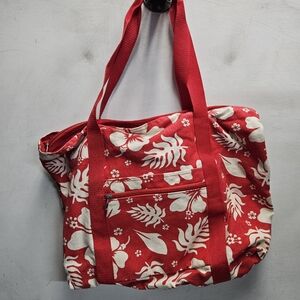 Red & Cream Cotton Canvas Tote Bag Tropical Floral Hawaii Print Zipper Pockets